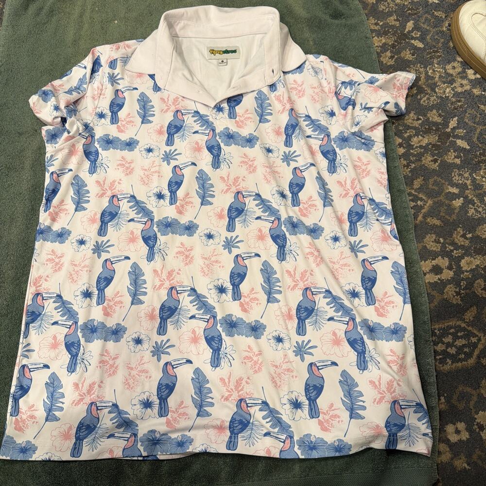 Tipsy Elves Polo Shirt Mens Large Floral Toucan Hawaiian Preppy Stretch Golf